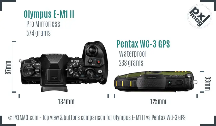 Olympus E-M1 II vs Pentax WG-3 GPS top view buttons comparison