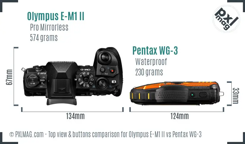 Olympus E-M1 II vs Pentax WG-3 top view buttons comparison Olympus E-M1 II vs Pentax WG-3 top view buttons comparison