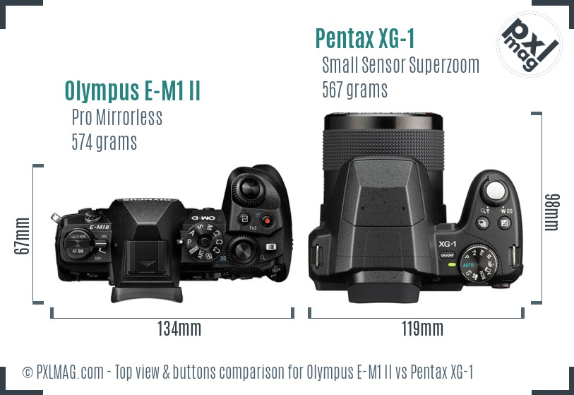 Olympus E-M1 II vs Pentax XG-1 top view buttons comparison