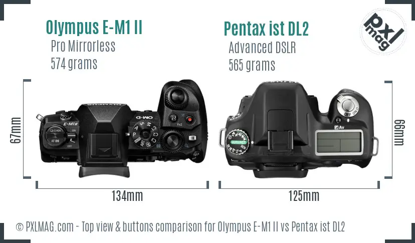 Olympus E-M1 II vs Pentax ist DL2 top view buttons comparison