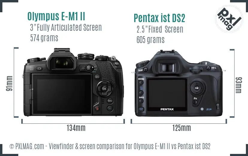 Olympus E-M1 II vs Pentax ist DS2 Screen and Viewfinder comparison