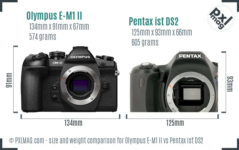 Olympus E-M1 II vs Pentax ist DS2 size comparison