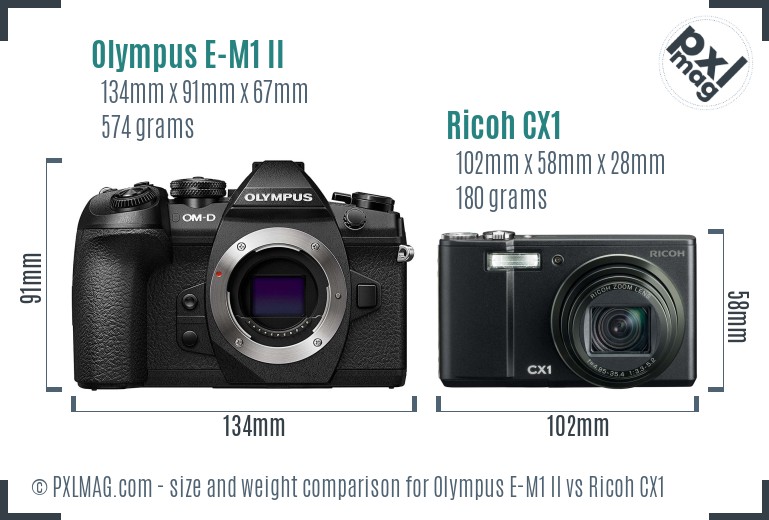 Olympus E-M1 II vs Ricoh CX1 size comparison
