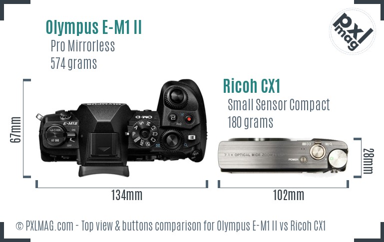 Olympus E-M1 II vs Ricoh CX1 top view buttons comparison