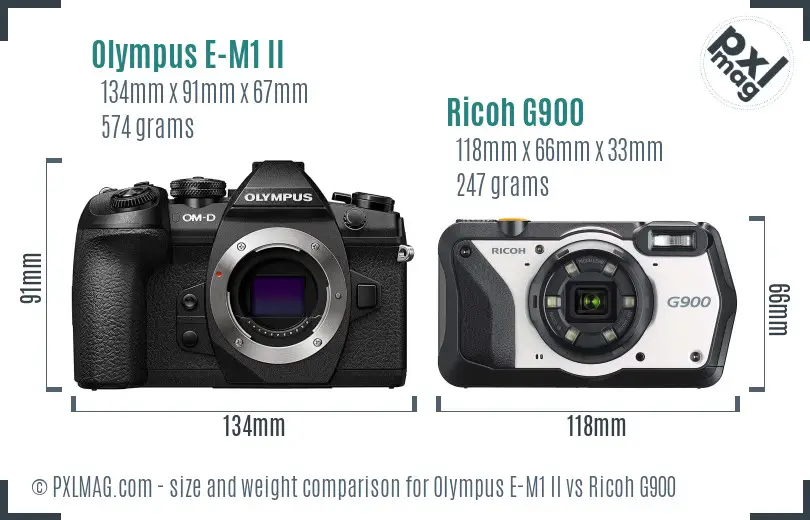 Olympus E-M1 II vs Ricoh G900 size comparison Olympus E-M1 II vs Ricoh G900 size comparison