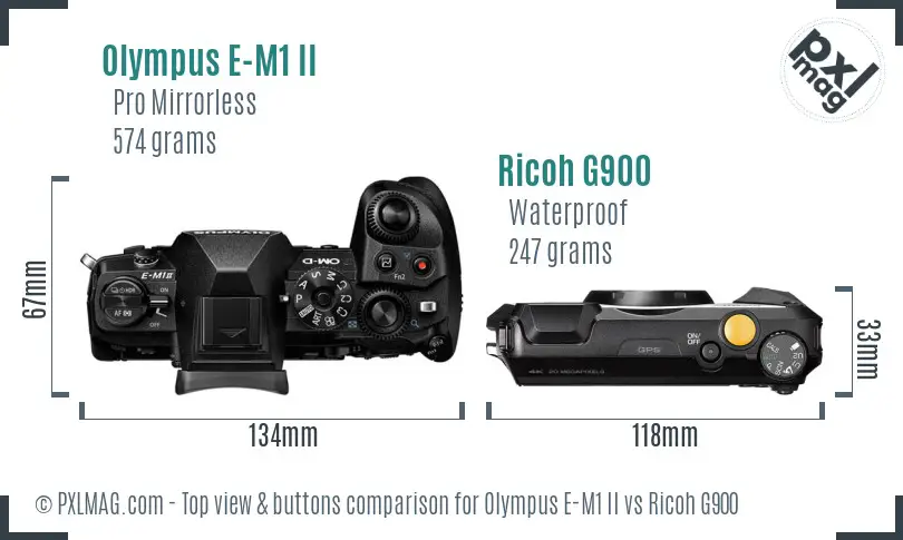 Olympus E-M1 II vs Ricoh G900 top view buttons comparison Olympus E-M1 II vs Ricoh G900 top view buttons comparison