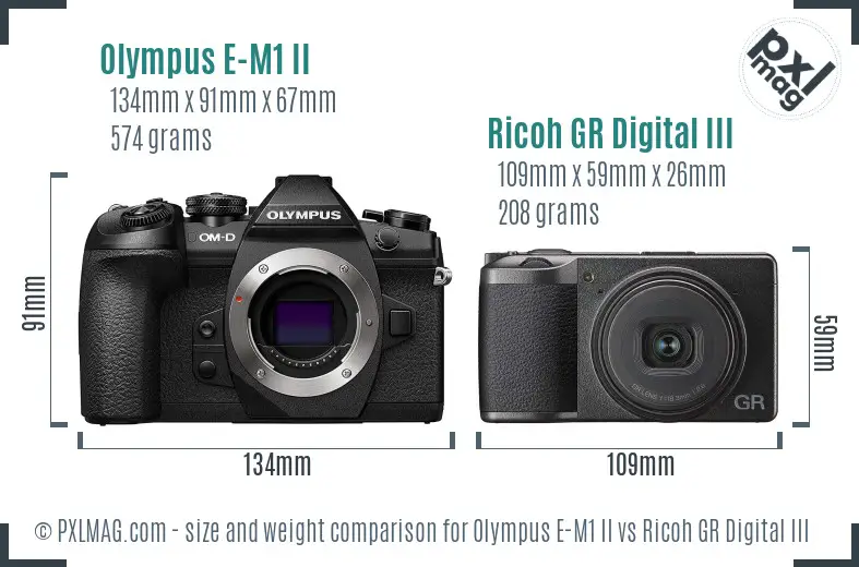 Olympus E-M1 II vs Ricoh GR Digital III size comparison