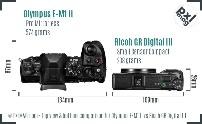 Olympus E-M1 II vs Ricoh GR Digital III top view buttons comparison