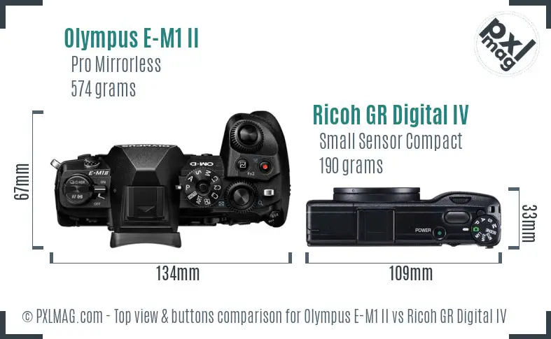 Olympus E-M1 II vs Ricoh GR Digital IV top view buttons comparison Olympus E-M1 II vs Ricoh GR Digital IV top view buttons comparison