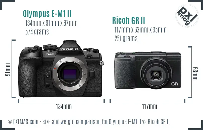 Olympus E-M1 II vs Ricoh GR II size comparison