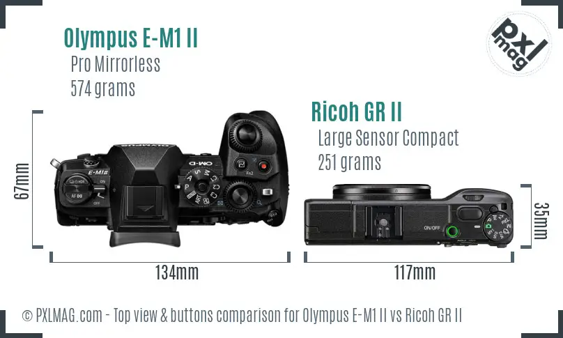 Olympus E-M1 II vs Ricoh GR II top view buttons comparison