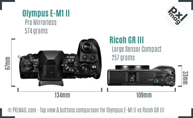 Olympus E-M1 II vs Ricoh GR III top view buttons comparison