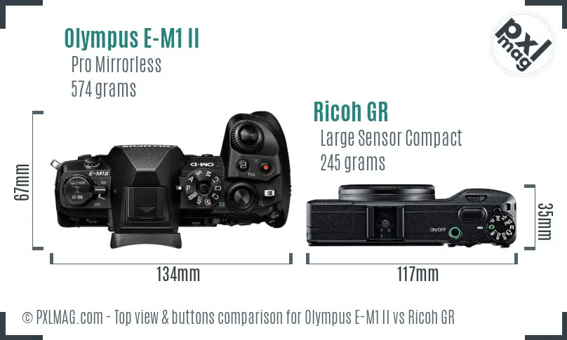 Olympus E-M1 II vs Ricoh GR top view buttons comparison Olympus E-M1 II vs Ricoh GR top view buttons comparison