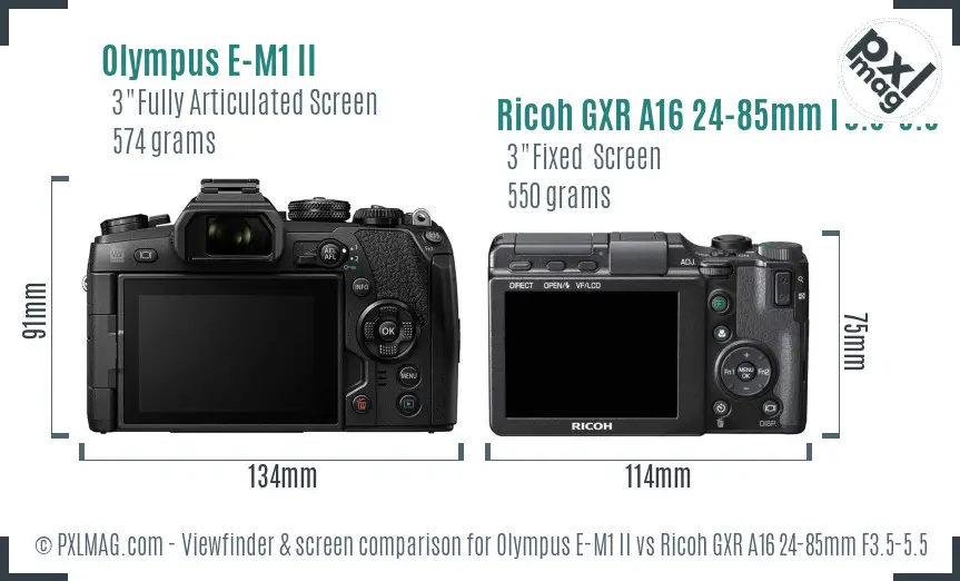 Olympus E-M1 II vs Ricoh GXR A16 24-85mm F3.5-5.5 Screen and Viewfinder comparison