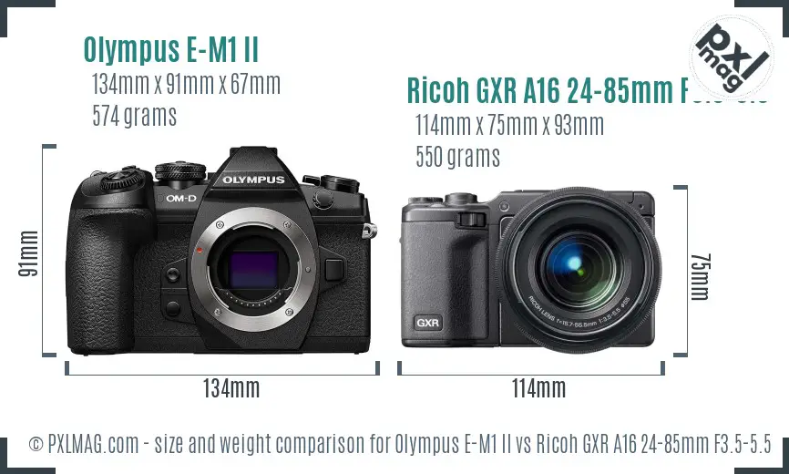 Olympus E-M1 II vs Ricoh GXR A16 24-85mm F3.5-5.5 size comparison