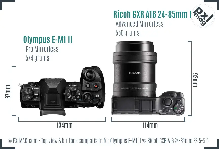 Olympus E-M1 II vs Ricoh GXR A16 24-85mm F3.5-5.5 top view buttons comparison