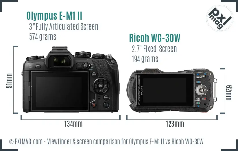 Olympus E-M1 II vs Ricoh WG-30W Screen and Viewfinder comparison