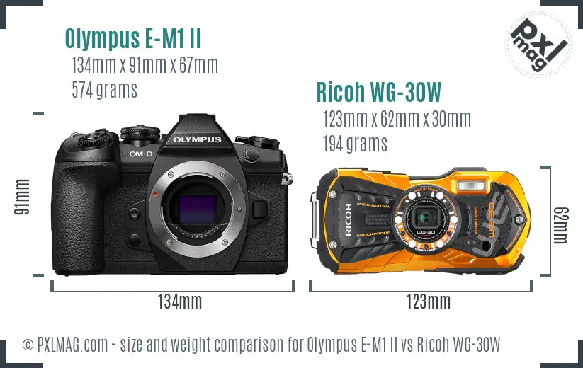 Olympus E-M1 II vs Ricoh WG-30W size comparison