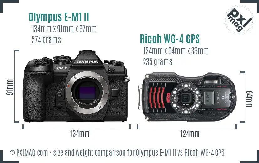 Olympus E-M1 II vs Ricoh WG-4 GPS size comparison