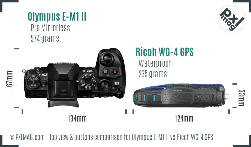 Olympus E-M1 II vs Ricoh WG-4 GPS top view buttons comparison