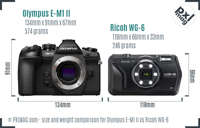 Olympus E-M1 II vs Ricoh WG-6 size comparison