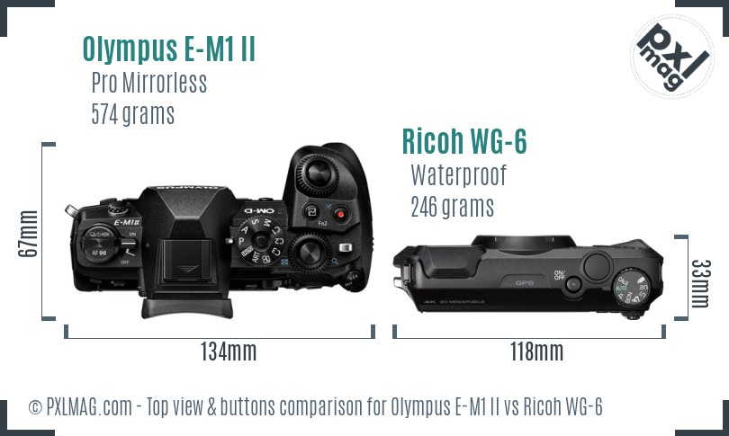 Olympus E-M1 II vs Ricoh WG-6 top view buttons comparison