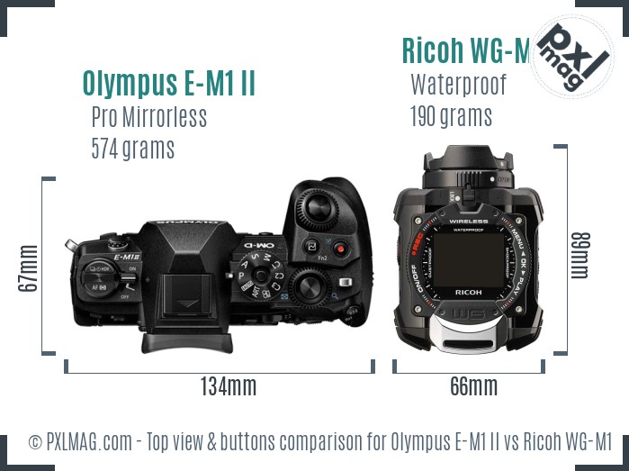 Olympus E-M1 II vs Ricoh WG-M1 top view buttons comparison