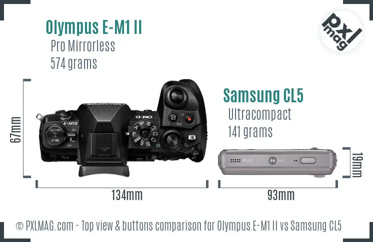 Olympus E-M1 II vs Samsung CL5 top view buttons comparison