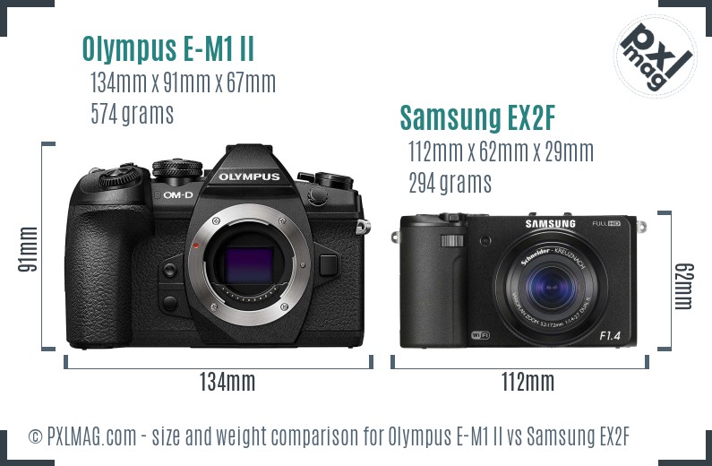 Olympus E-M1 II vs Samsung EX2F size comparison
