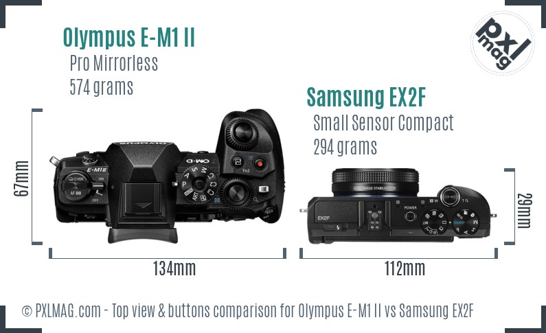 Olympus E-M1 II vs Samsung EX2F top view buttons comparison