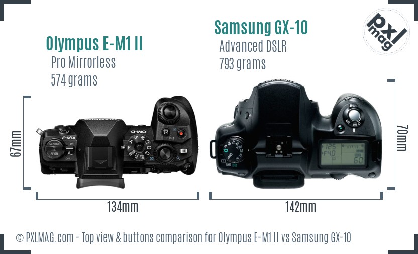 Olympus E-M1 II vs Samsung GX-10 top view buttons comparison