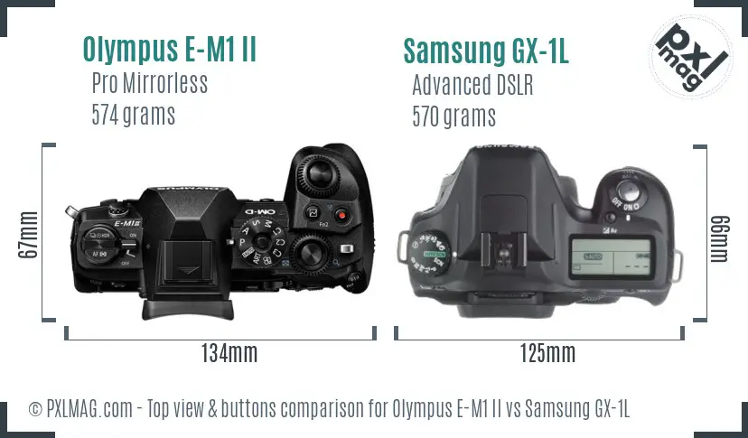 Olympus E-M1 II vs Samsung GX-1L top view buttons comparison