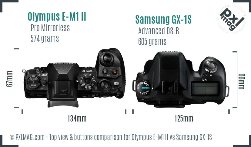 Olympus E-M1 II vs Samsung GX-1S top view buttons comparison Olympus E-M1 II vs Samsung GX-1S top view buttons comparison