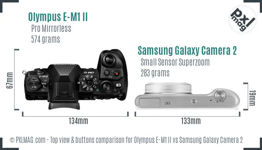 Olympus E-M1 II vs Samsung Galaxy Camera 2 top view buttons comparison