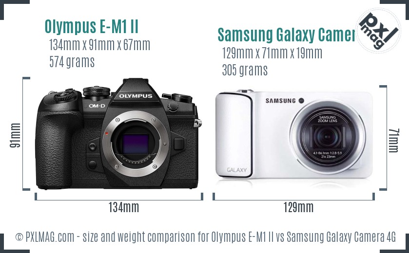 Olympus E-M1 II vs Samsung Galaxy Camera 4G size comparison