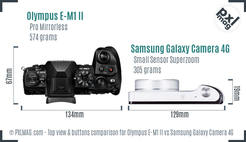 Olympus E-M1 II vs Samsung Galaxy Camera 4G top view buttons comparison