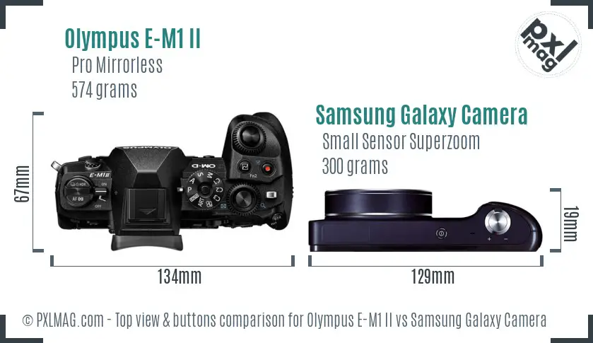 Olympus E-M1 II vs Samsung Galaxy Camera top view buttons comparison