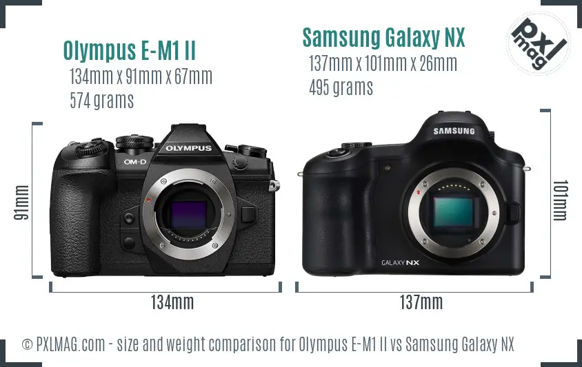 Olympus E-M1 II vs Samsung Galaxy NX size comparison