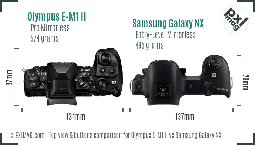 Olympus E-M1 II vs Samsung Galaxy NX top view buttons comparison