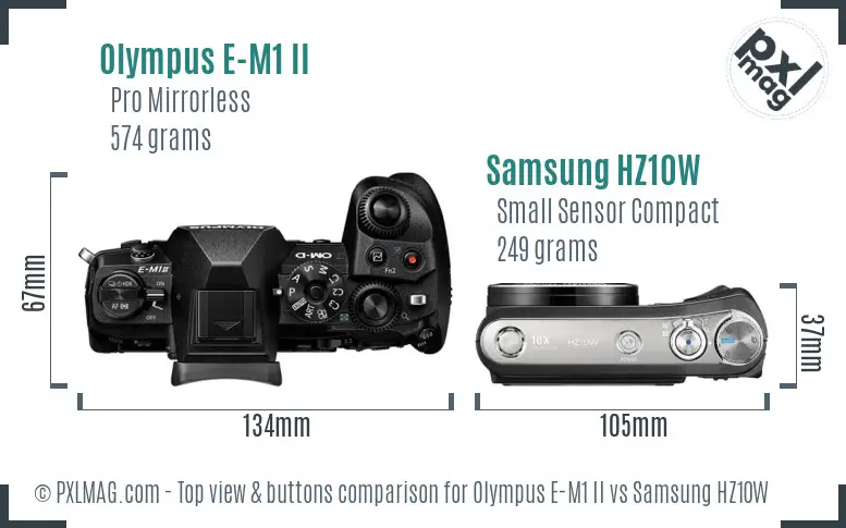 Olympus E-M1 II vs Samsung HZ10W top view buttons comparison Olympus E-M1 II vs Samsung HZ10W top view buttons comparison