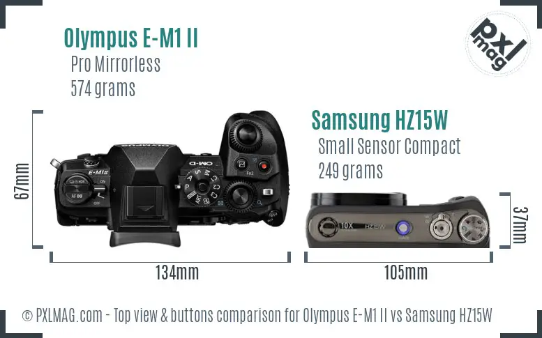 Olympus E-M1 II vs Samsung HZ15W top view buttons comparison