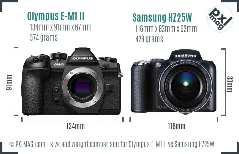 Olympus E-M1 II vs Samsung HZ25W size comparison