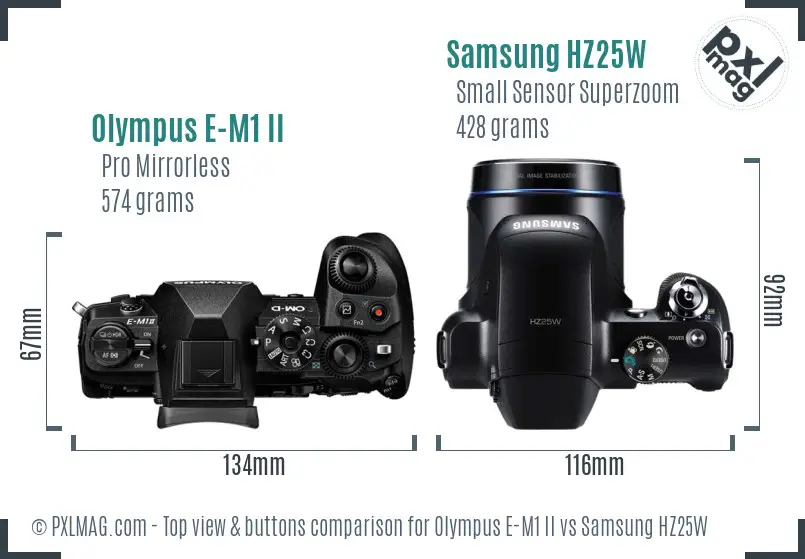 Olympus E-M1 II vs Samsung HZ25W top view buttons comparison