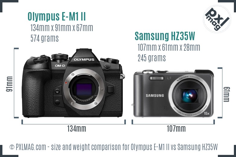 Olympus E-M1 II vs Samsung HZ35W size comparison