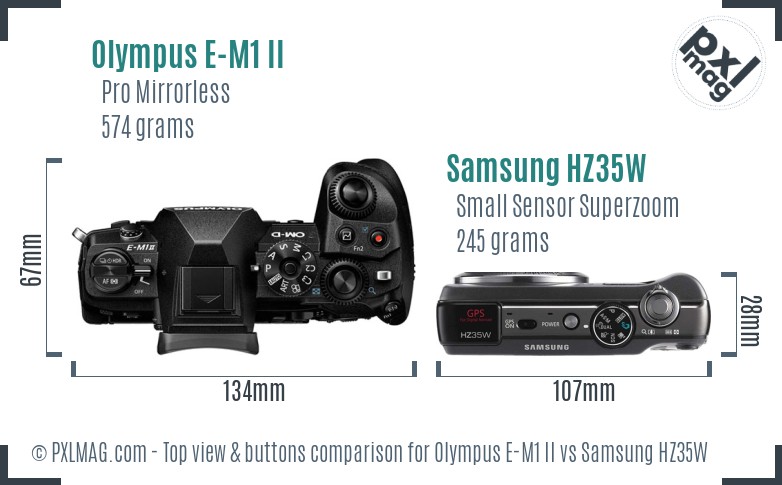 Olympus E-M1 II vs Samsung HZ35W top view buttons comparison