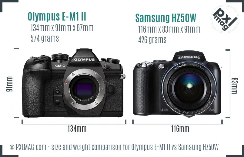 Olympus E-M1 II vs Samsung HZ50W size comparison