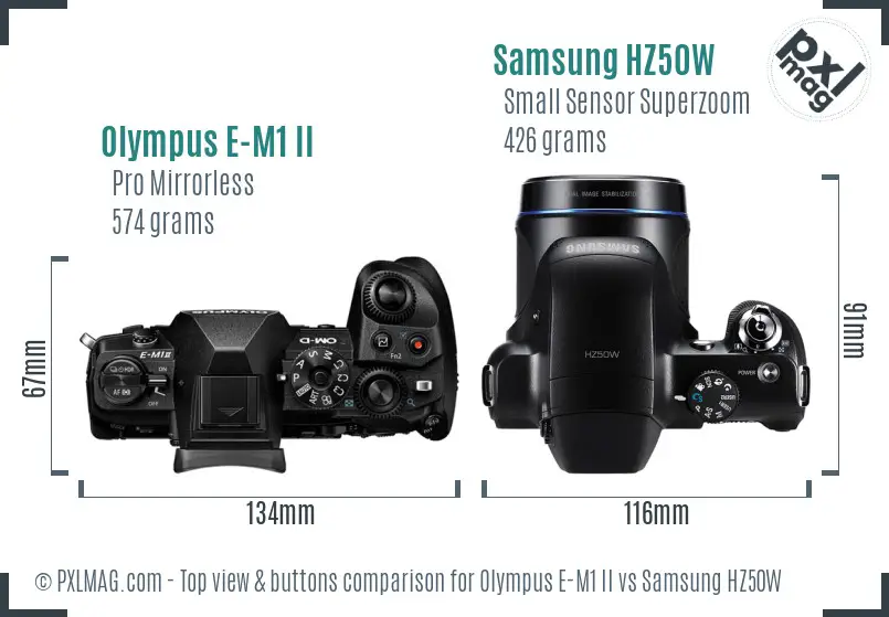 Olympus E-M1 II vs Samsung HZ50W top view buttons comparison