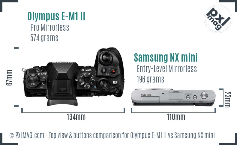 Olympus E-M1 II vs Samsung NX mini top view buttons comparison