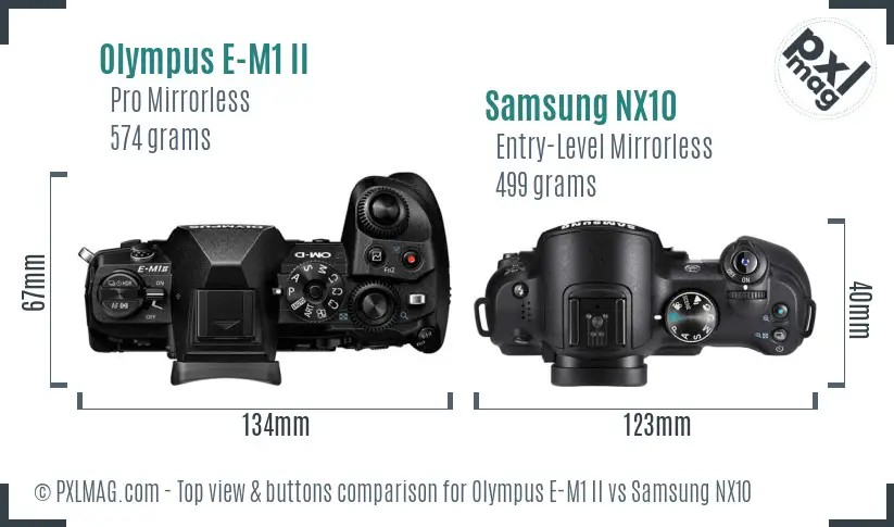 Olympus E-M1 II vs Samsung NX10 top view buttons comparison