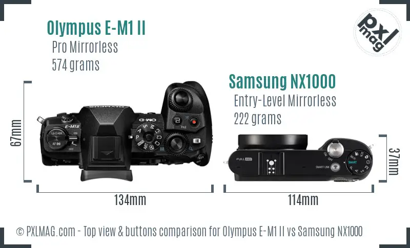 Olympus E-M1 II vs Samsung NX1000 top view buttons comparison Olympus E-M1 II vs Samsung NX1000 top view buttons comparison